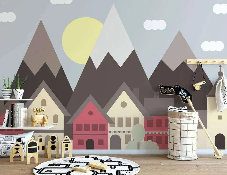 Фотообои в интерьере домики на фоне гор  15-169 фото