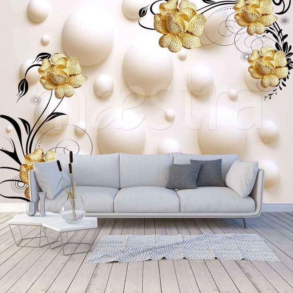 Фотообои в интерьере золотые цветы и объемные шары  10-392 фото