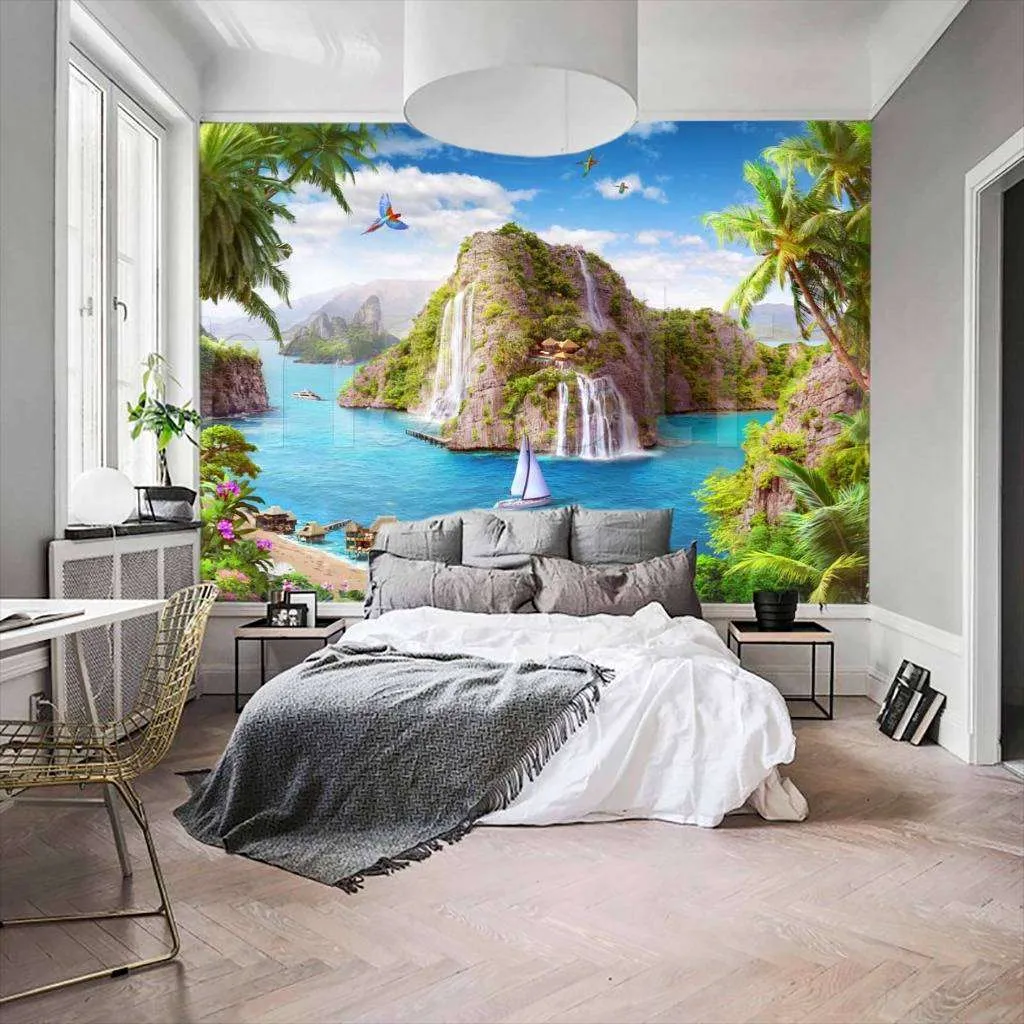 Фотообои в интерьере вид на море и водопад на острове  11-158 фото