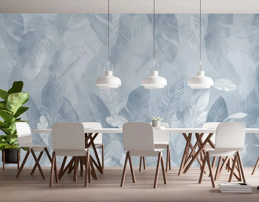 Фотообои в интерьере голубые тропические листья  14-584 фото