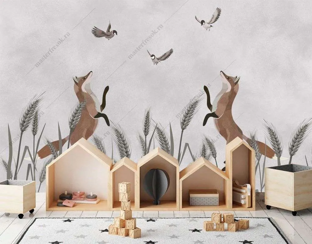 Фотообои в интерьере лисички в поле  12-1510 фото