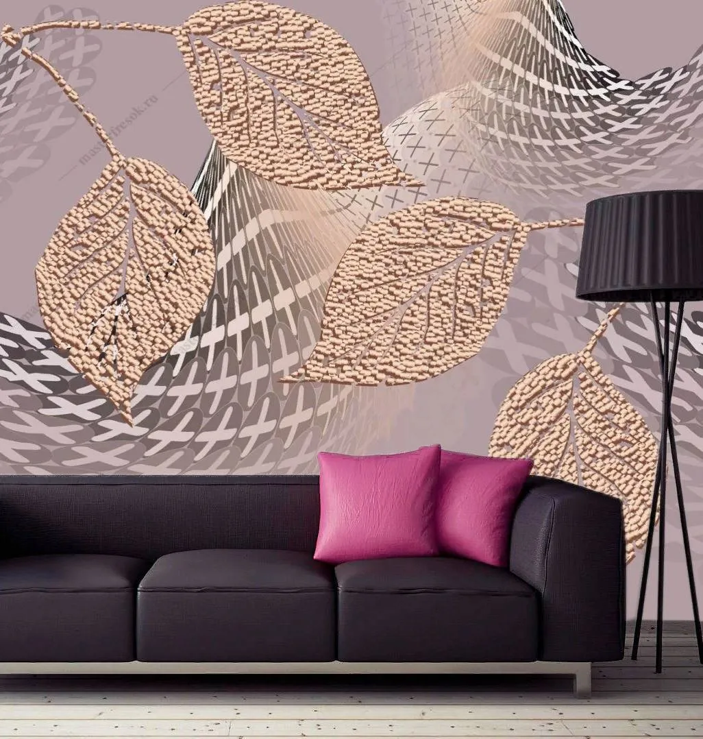 Фотообои в интерьере 3д золотые листья  10-834 фото