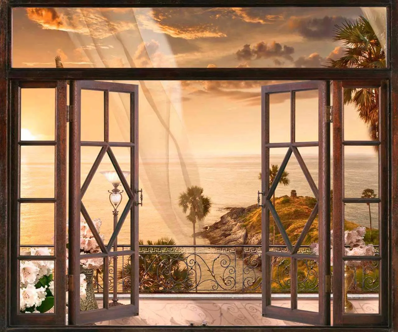 Фотообои в интерьере окно с видом на закат  7-657 фото