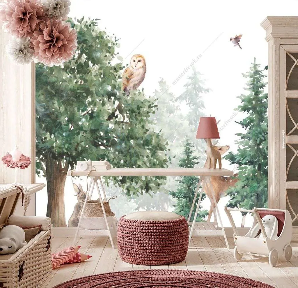 Фотообои в интерьере хвойный лес с жителями  14-591 фото