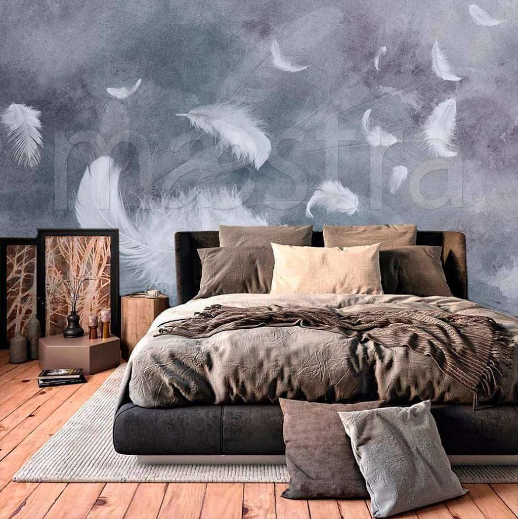 Фотообои в интерьере белые перья и дым  15-510 фото