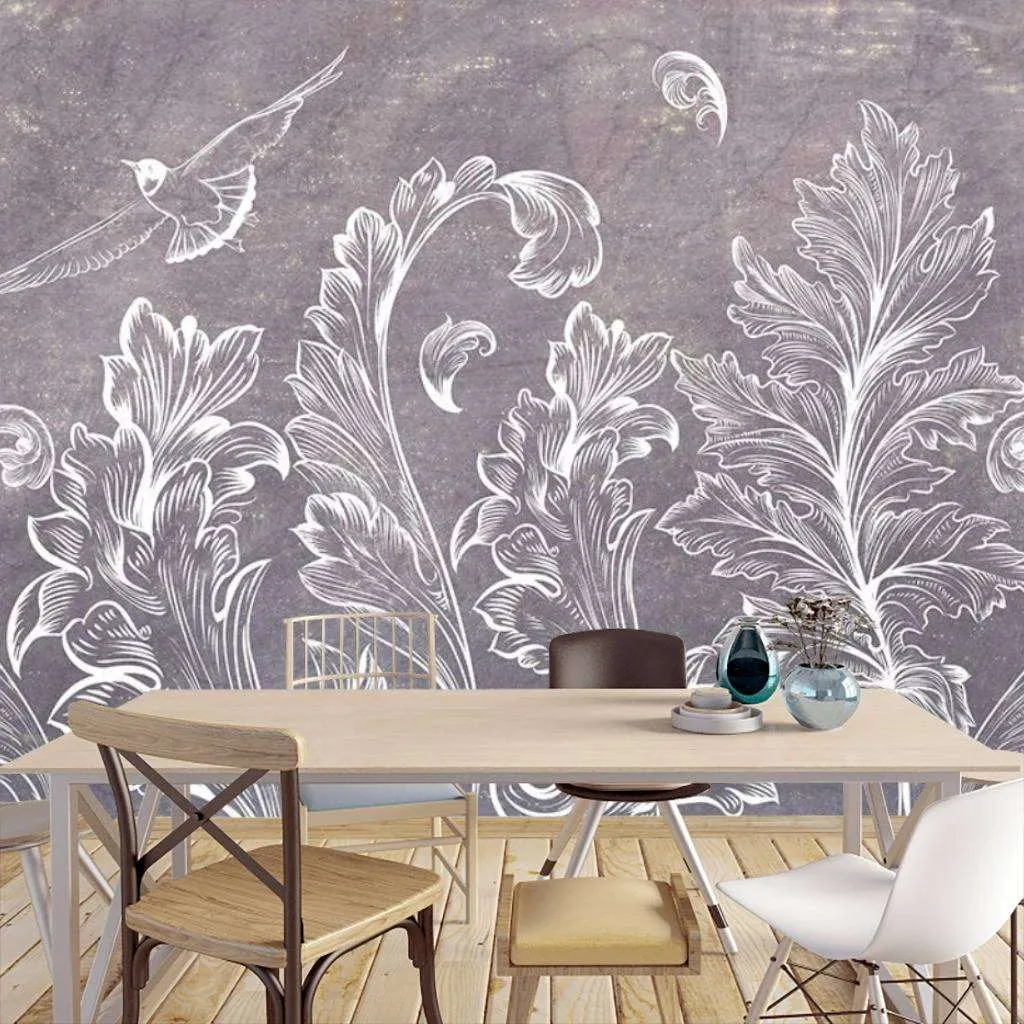 Фотообои в интерьере 3д узор белые листья  15-470 фото