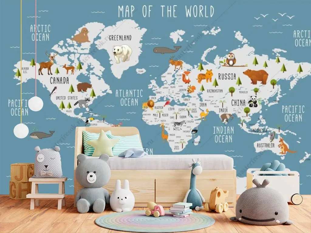 Фотообои в интерьере карта на синем фоне  14-518 фото