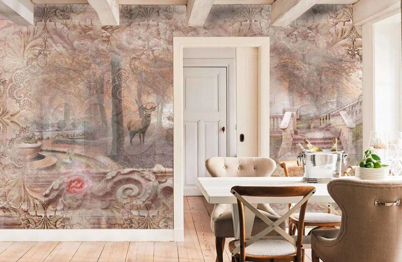 Фотообои в интерьере утренний лес сад в розовых тонах  7-322 фото