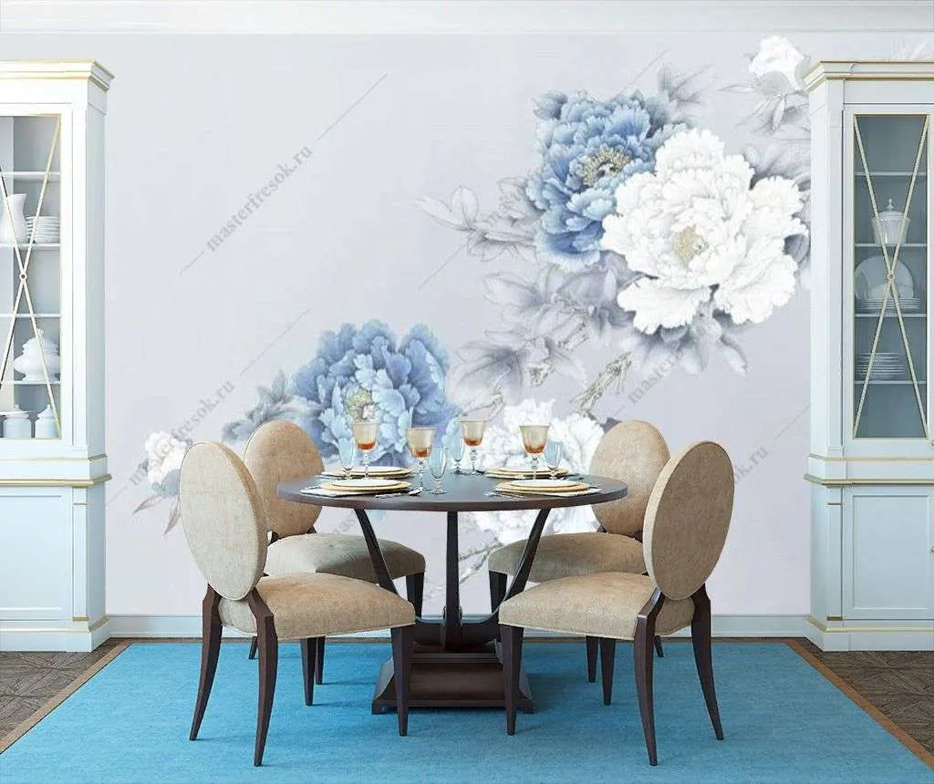 Фотообои в интерьере голубые пионы  15-907 фото