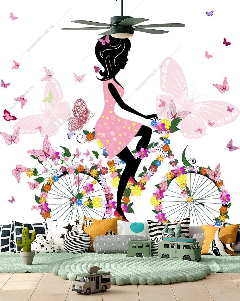 Фотообои в интерьере фея с цветами на велосипеде  12-1258 фото
