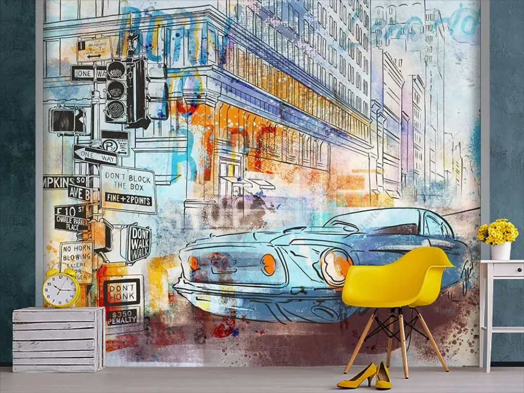 Фотообои в интерьере машина графити акварель  12-1437 фото