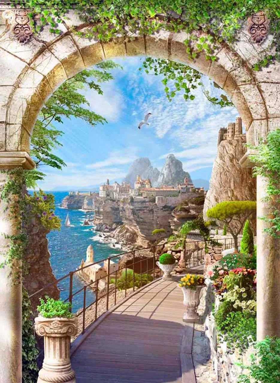 Фотообои в интерьере античная арка с выходом на море  11-049 фото