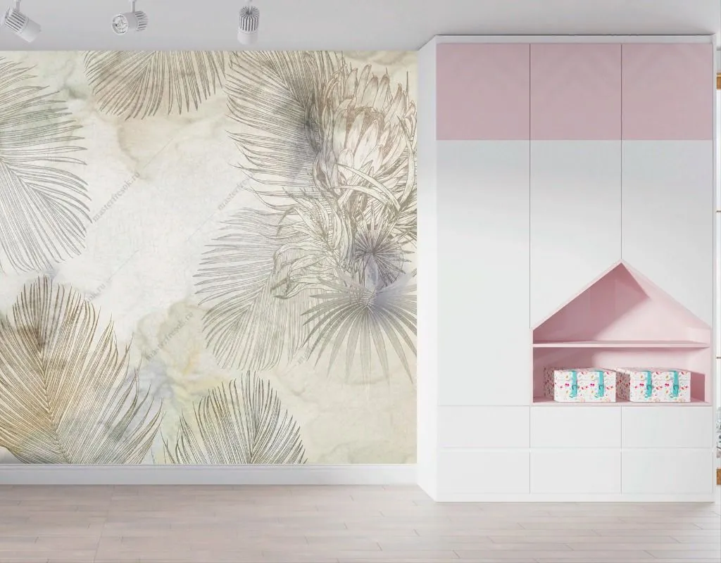 Фотообои в интерьере листья папоротника на бежевом фоне  13-575 фото