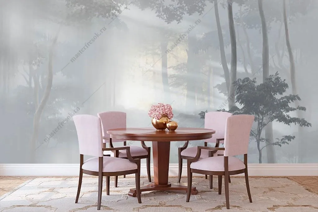 Фотообои в интерьере солнечный туманный лес  13-354 фото