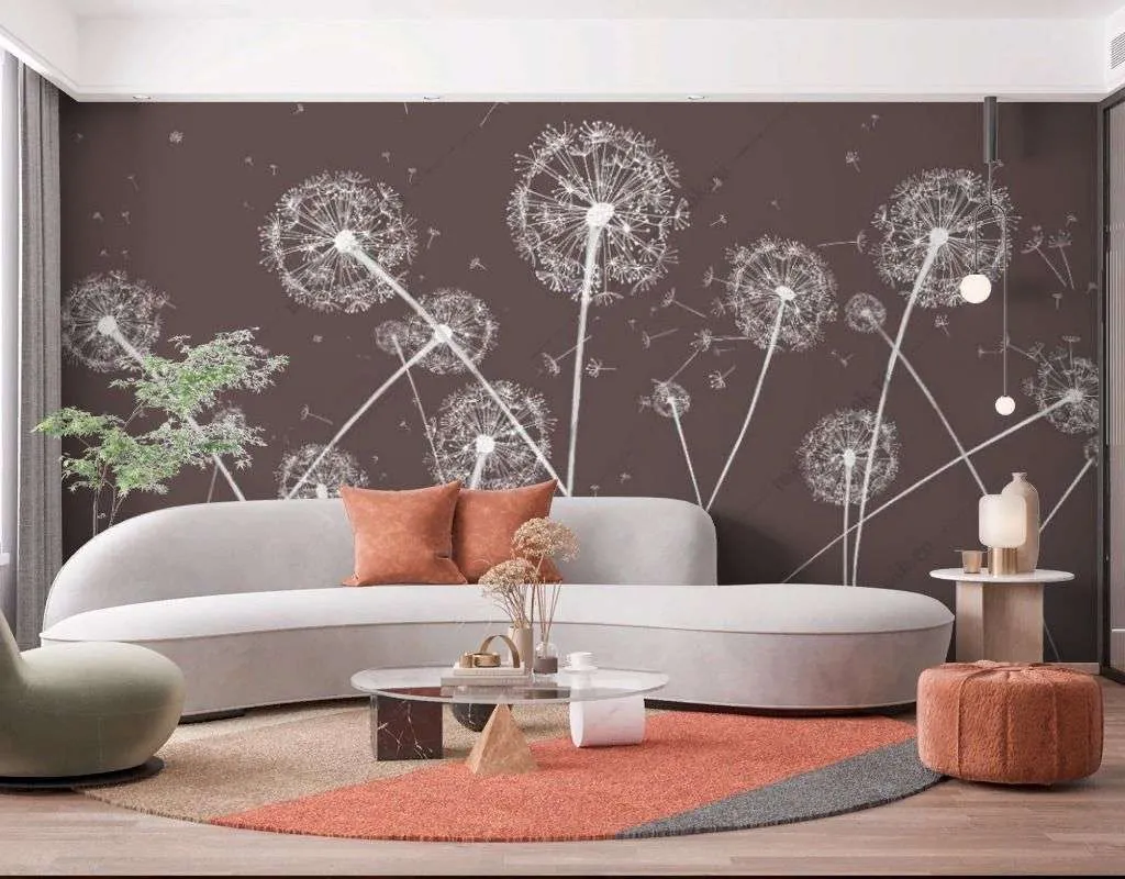 Фотообои в интерьере одуванчики на коричневом фоне  14-528 фото