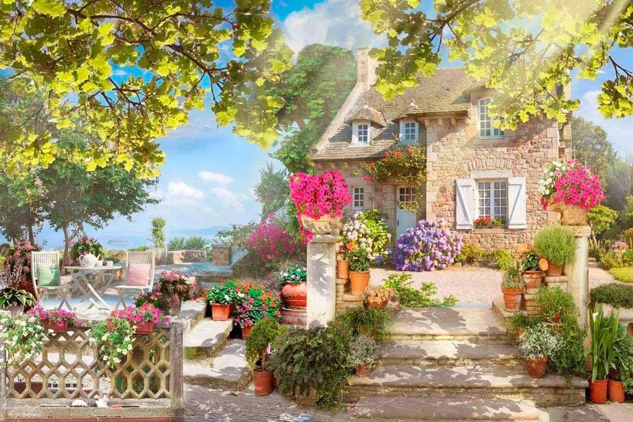 Фотообои в интерьере старинный дворик с террасой у моря  6-028 фото