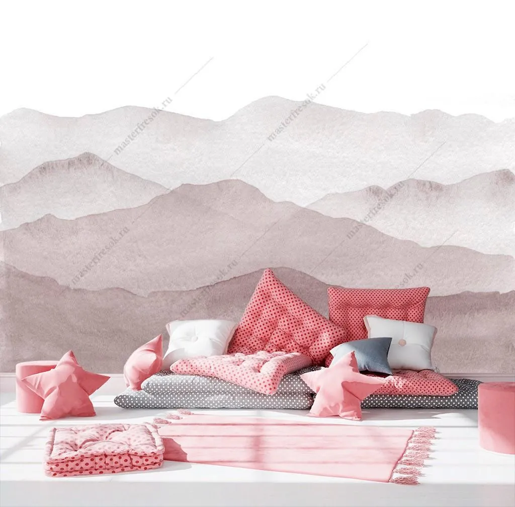 Фотообои в интерьере розовые холмы в тумане  9-1375 фото