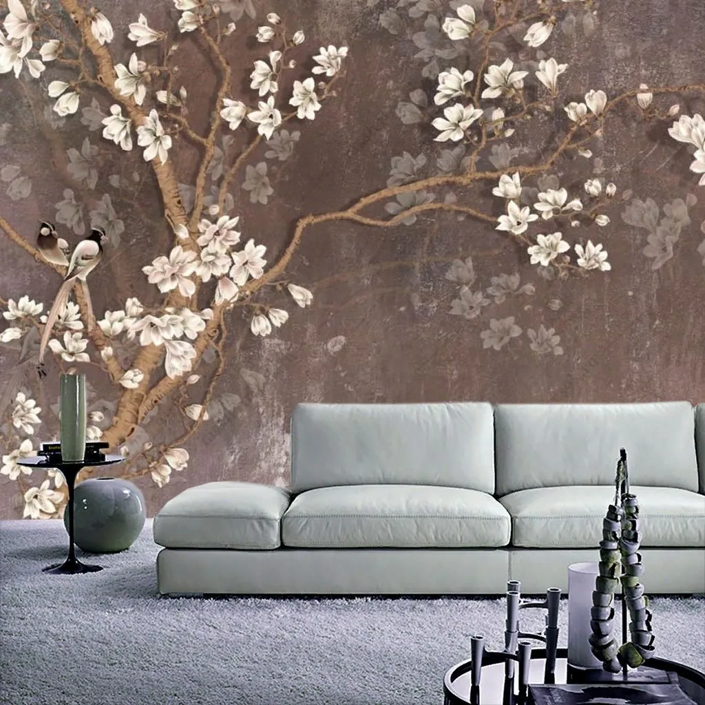 Фотообои в интерьере 3д белая сакура  10-914 фото