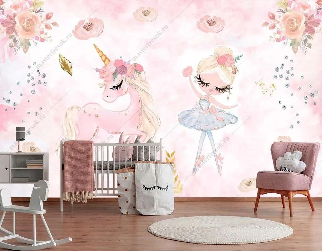Фотообои в интерьере балеринка и единорог  12-1509 фото