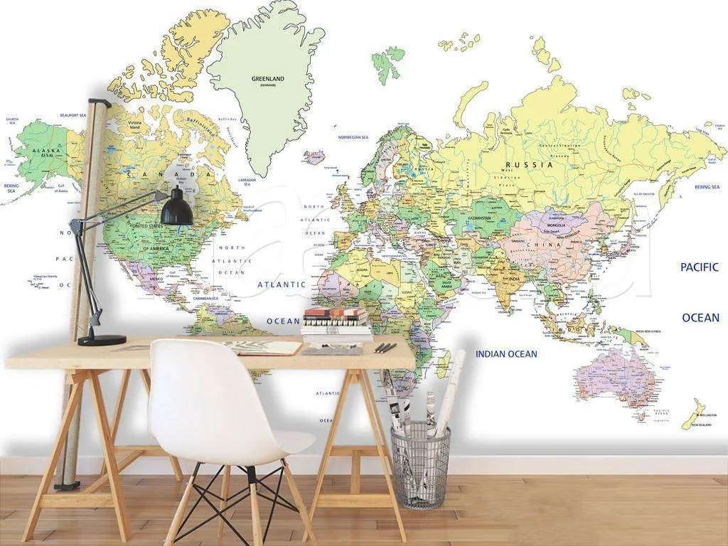Фотообои в интерьере карта мира на русском разноцветная  12-512 фото