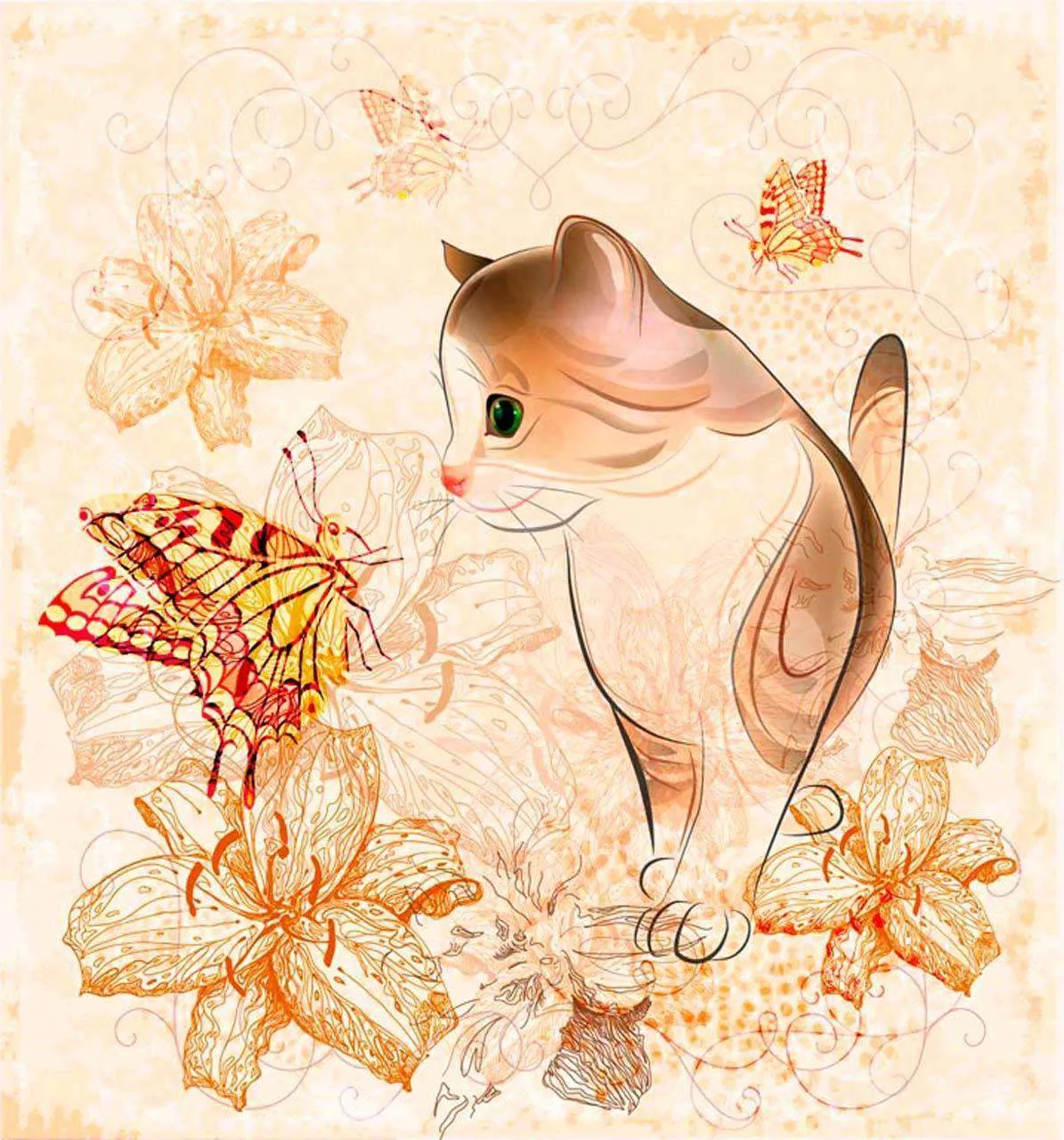 Фотообои в интерьере котенок смотрит на бабочку  12-348 фото