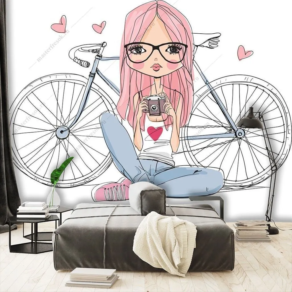 Фотообои Девочка с камерой и велосипед  12-1259