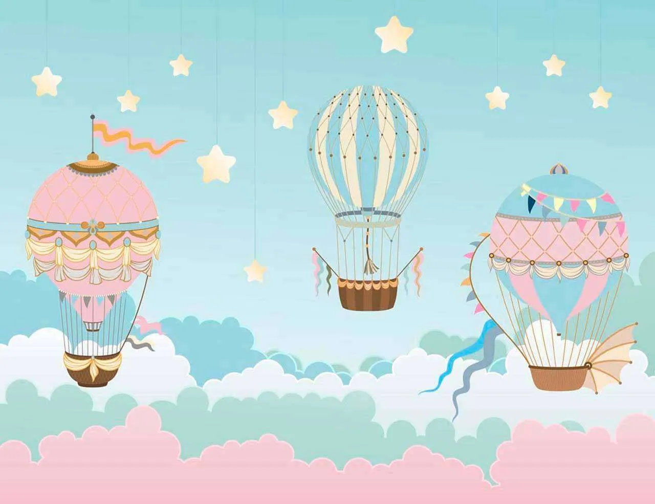 Фотообои в интерьере шары парят в голубых и розовых облаках  12-407 фото