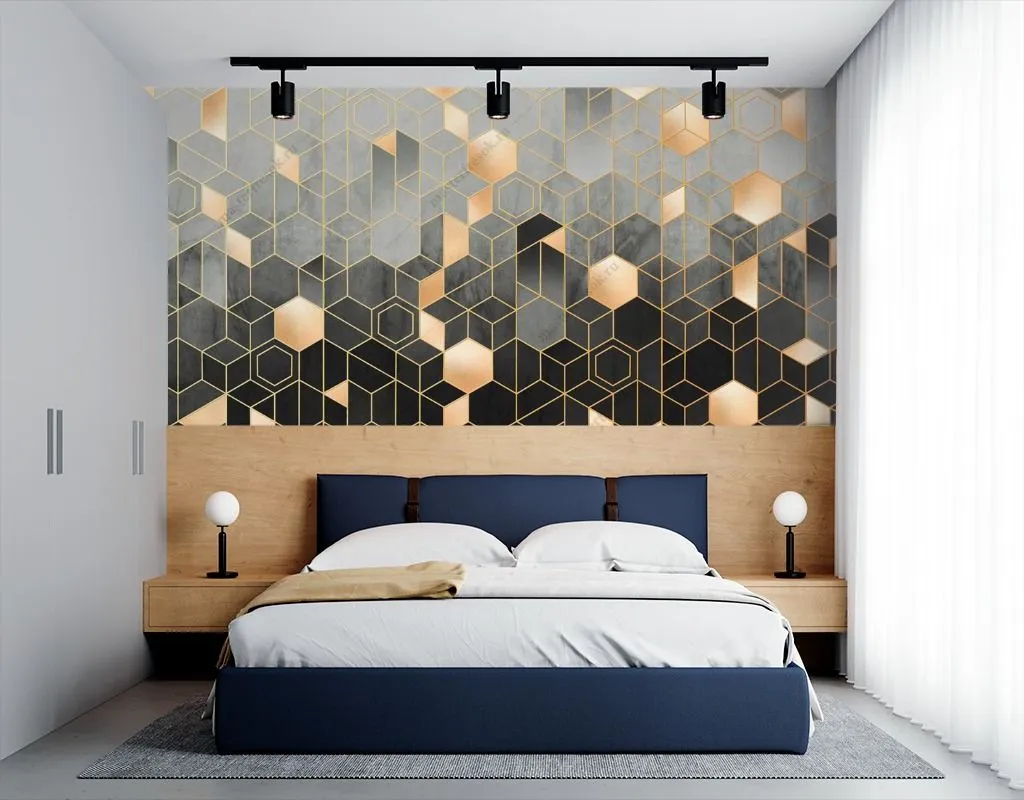 Фотообои в интерьере геометрия шестиугольники с золотом  9-1510 фото
