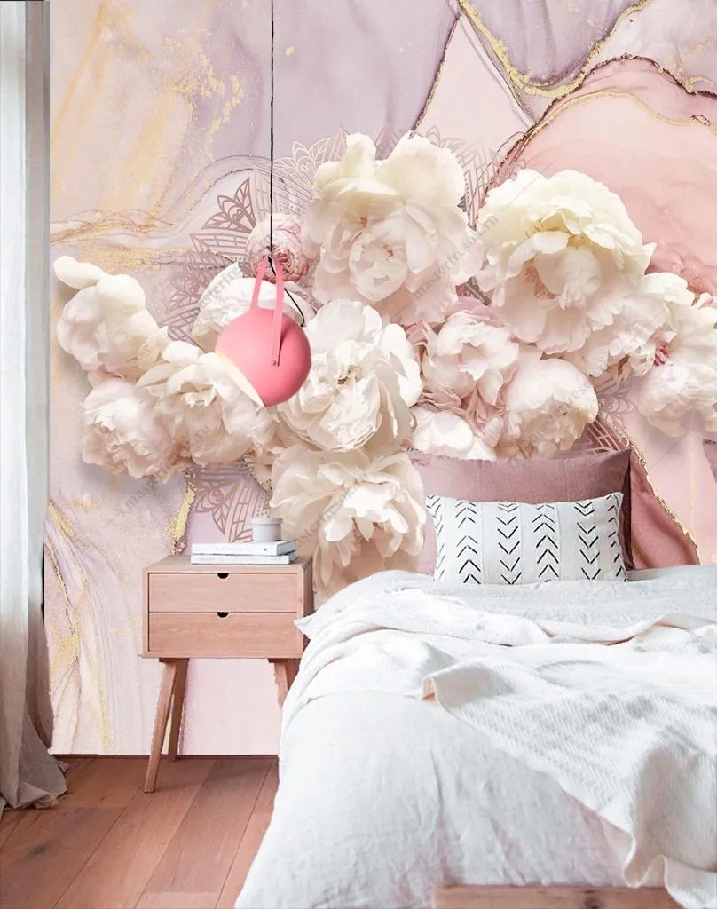 Фотообои розовые пионы на мраморе    9-1888