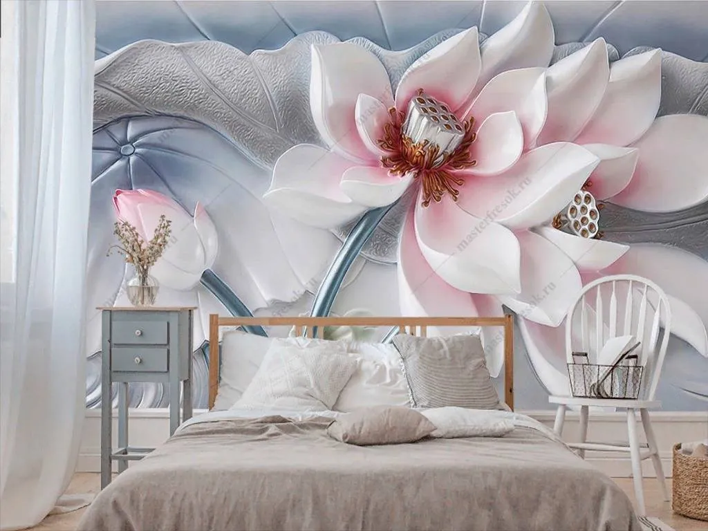 Фотообои в интерьере 3д объемный бело-розовый цветок  10-846 фото