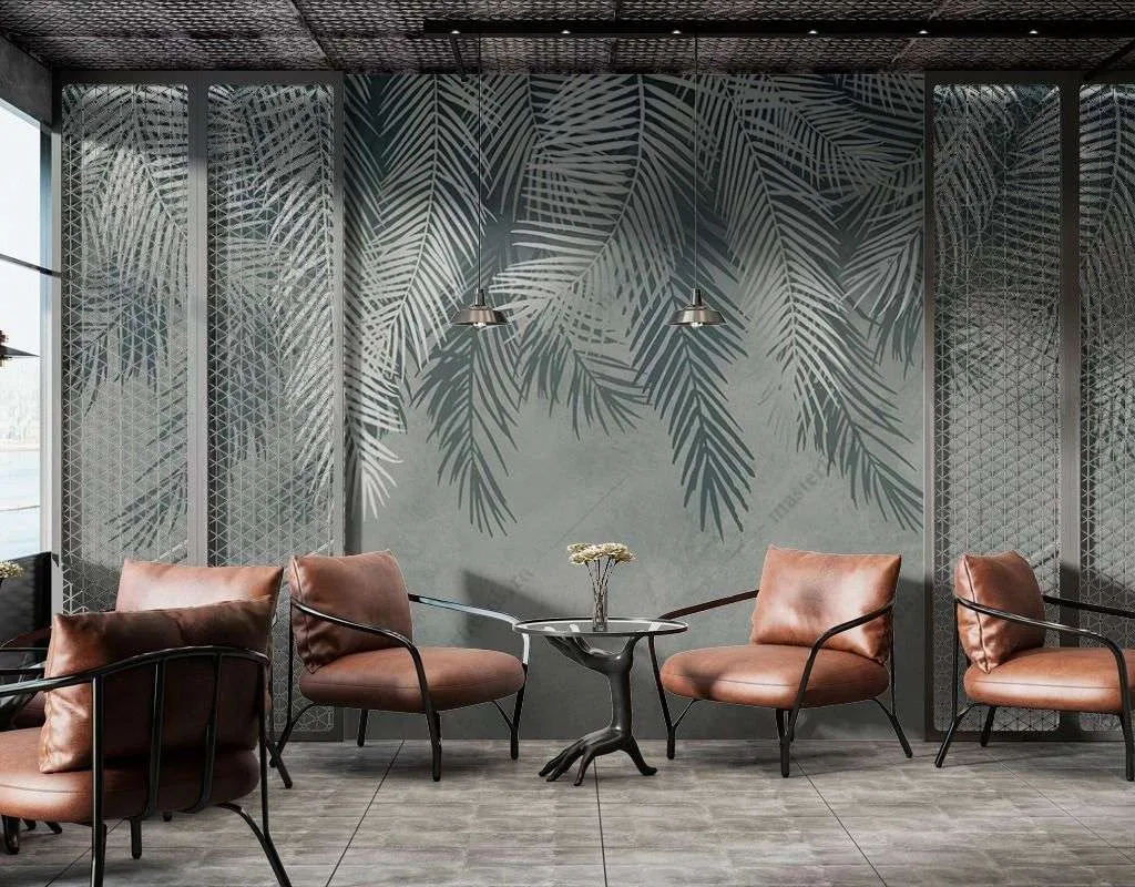 Фотообои в интерьере листья серые  9-1462 фото