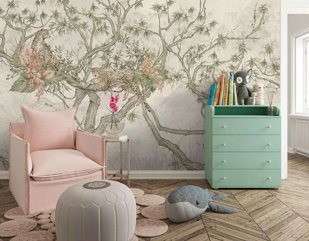 Фотообои в интерьере китайская живопись гепард  14-449 фото