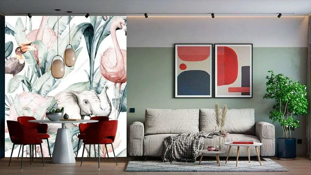 Фотообои в интерьере животные в тропических листьях  14-201 фото