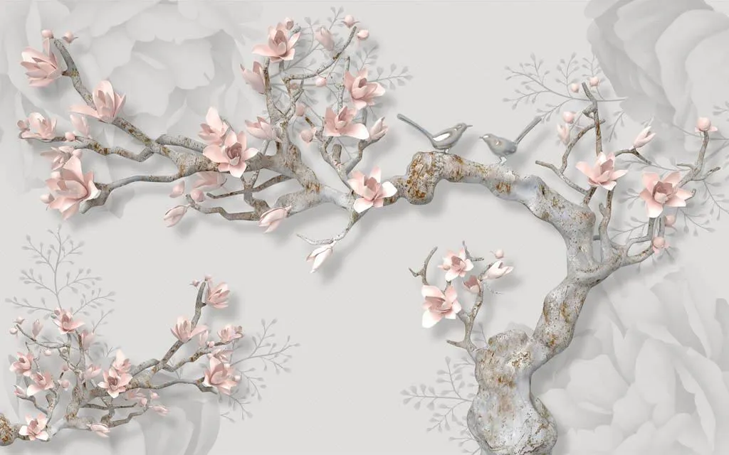 Фотообои в интерьере 3д сакура с розовыми лепестками  10-927 фото