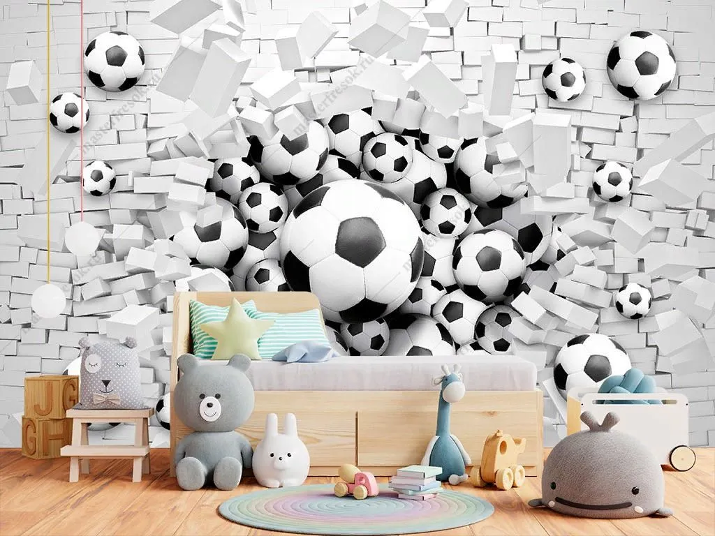 Фотообои в интерьере футбольные мячи 3d  12-1469 фото