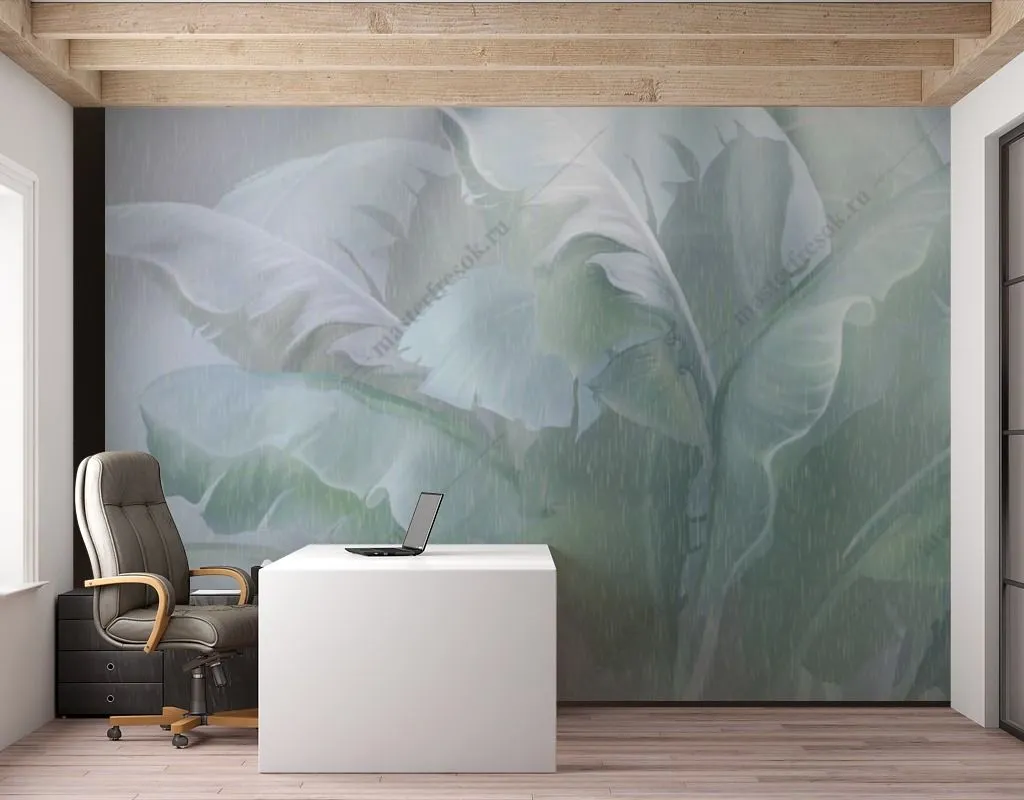 Фотообои в интерьере зеленые листья банана  13-457 фото