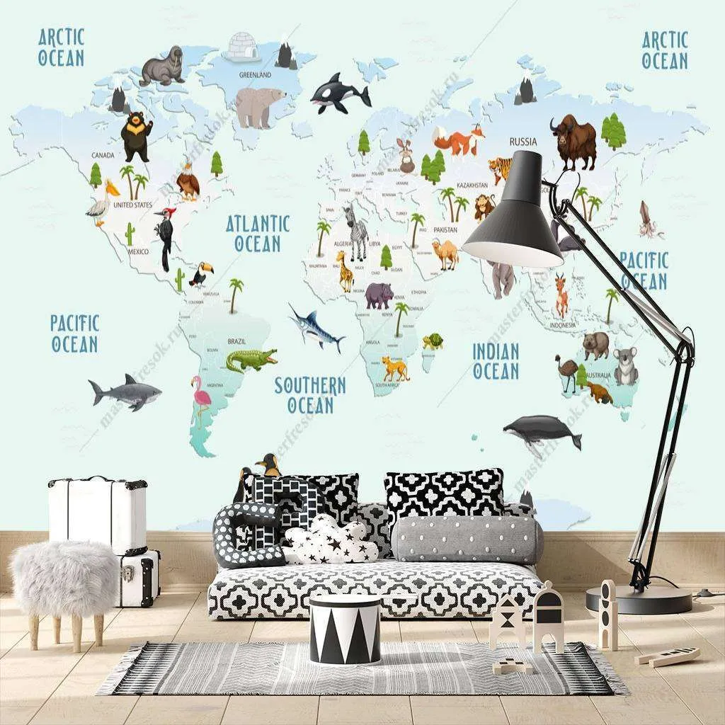 Фотообои Бесшовные обои на стену:  Карта мира голубая. Артикул: 12-780  