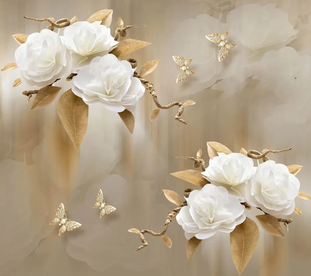 Фотообои в интерьере 3д цветы на бежевом фоне  10-912 фото