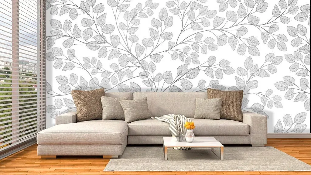 Фотообои в спальню Листочки серые на белом фоне  9-1982