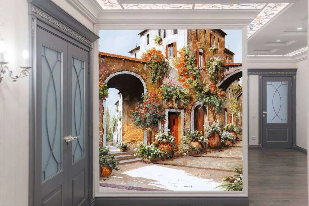 Фотообои в интерьере цветущая улочка с арками  8-025 фото