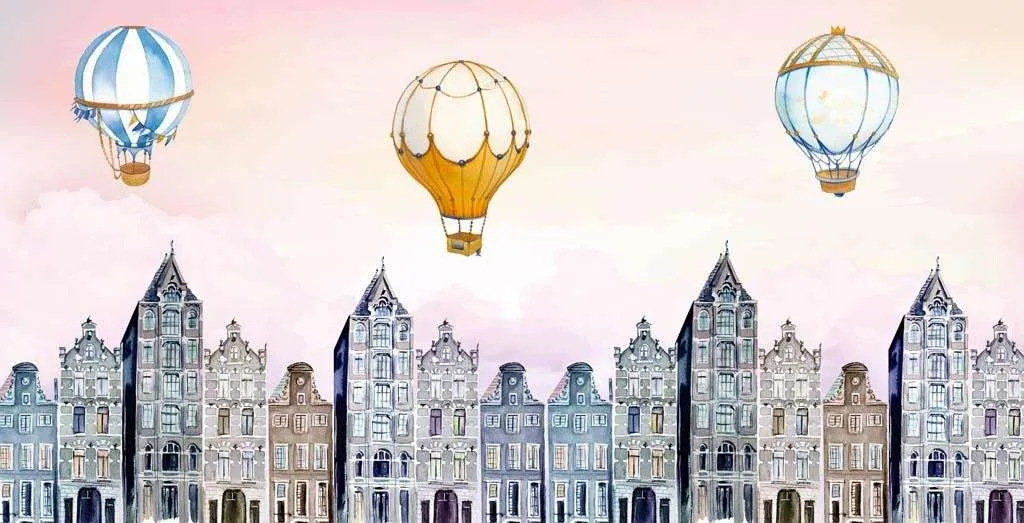 Фотообои в интерьере воздушные шарики над городом  14-258 фото