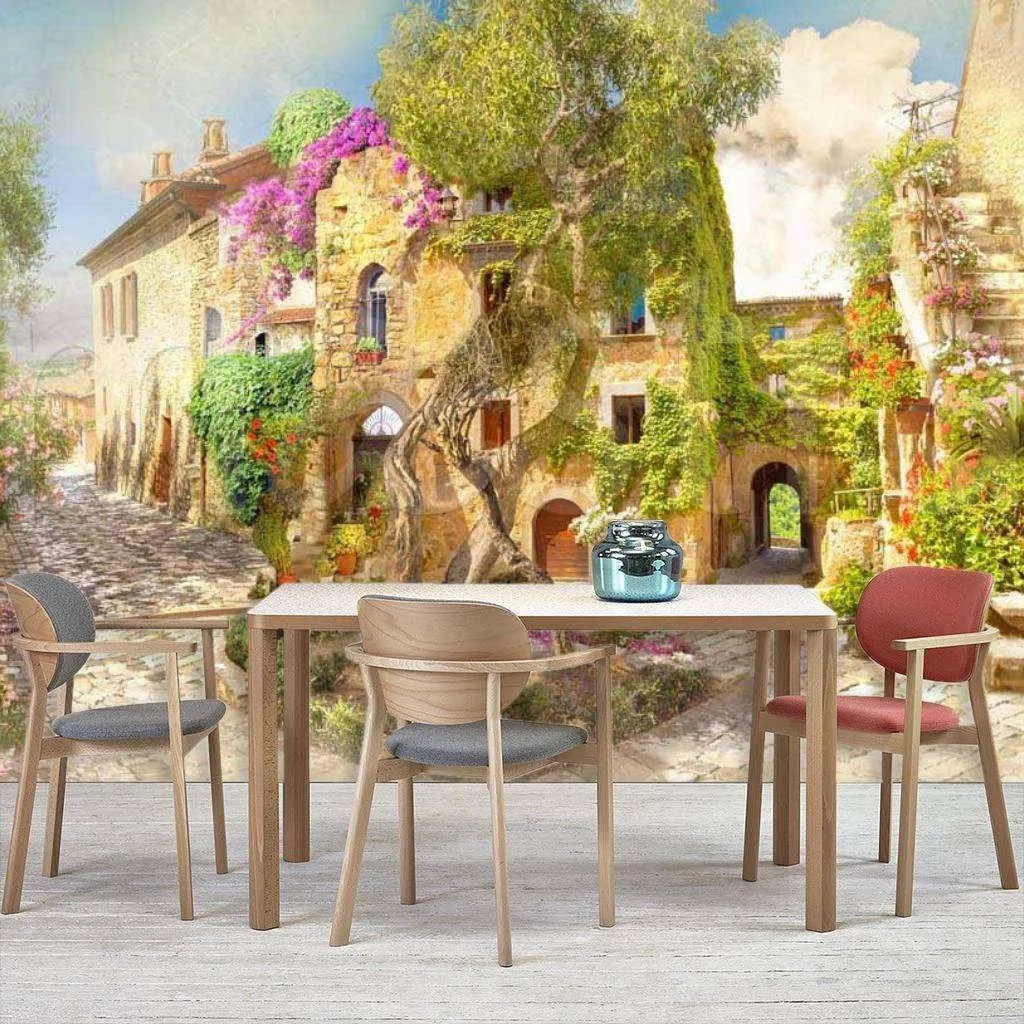 Фотообои в интерьере дерево на старинной улочке  6-032 фото