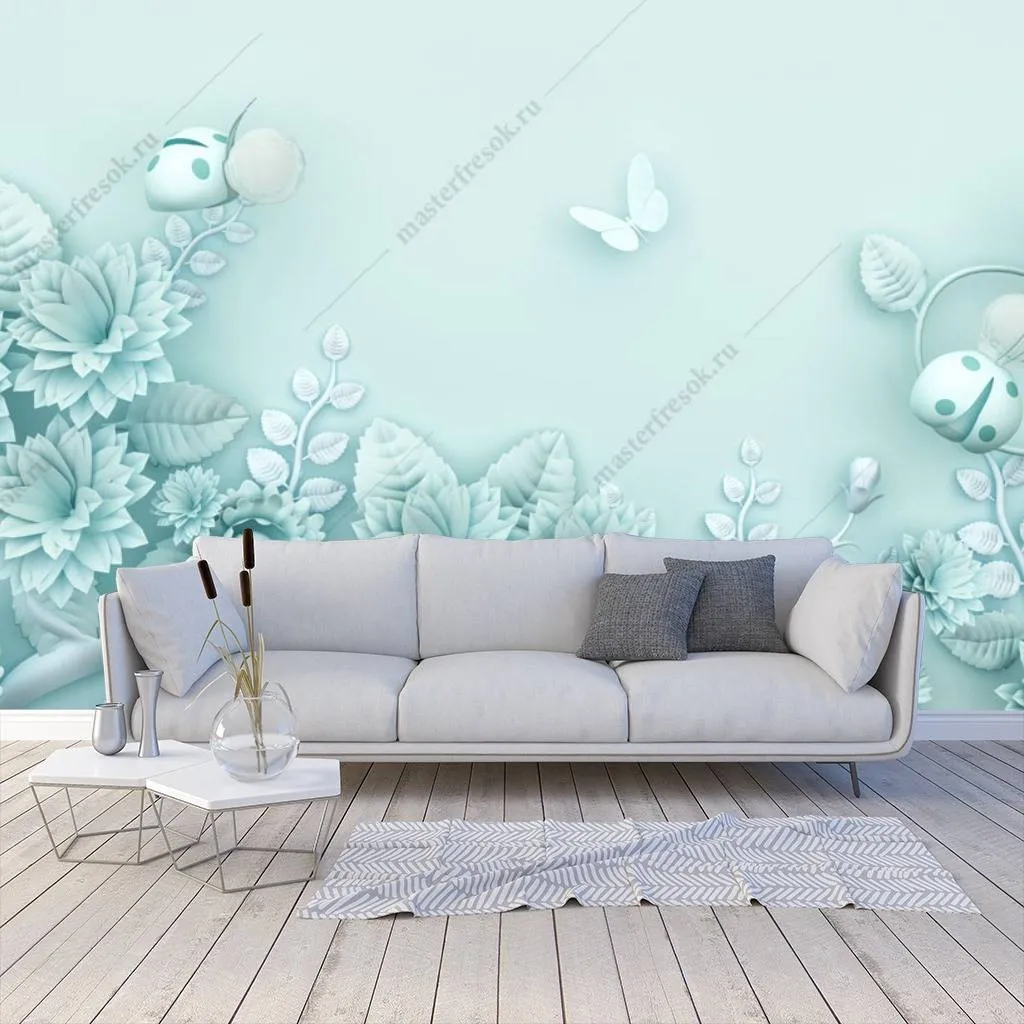 Фотообои в интерьере 3д бирюзовый фон  10-644 фото