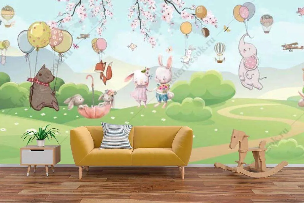 Фотообои в интерьере зверята с шарами на поляне  12-1208 фото