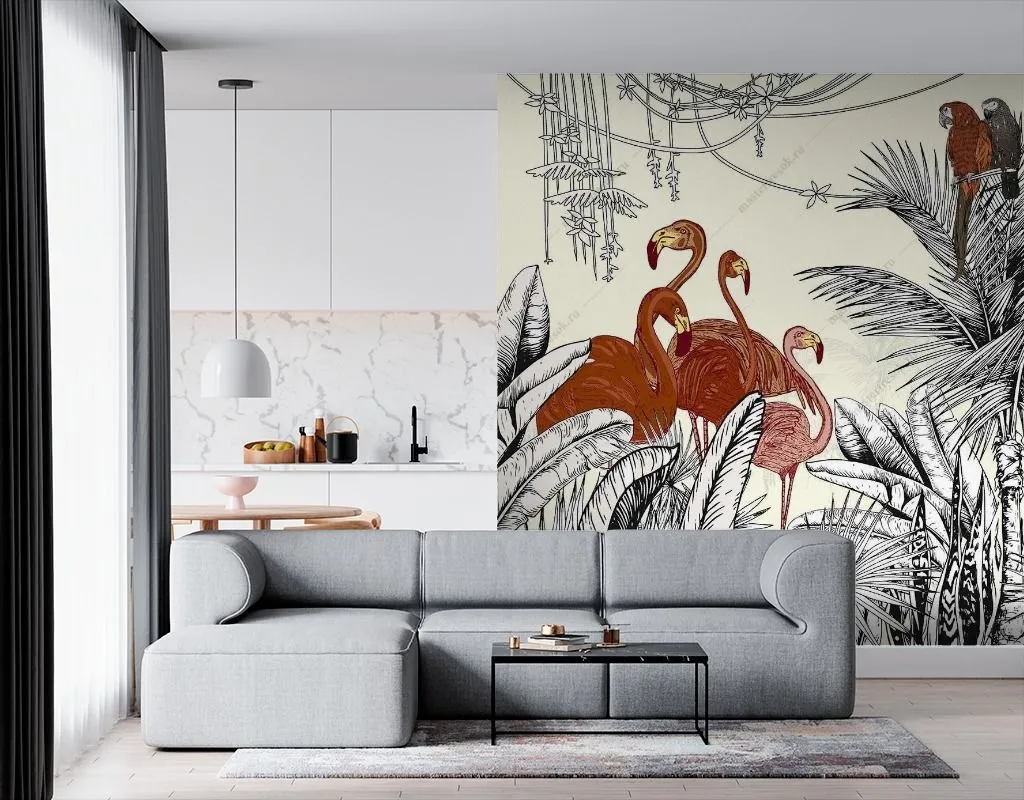Фотообои в интерьере фламинго и попугаи в тропиках  12-1548 фото