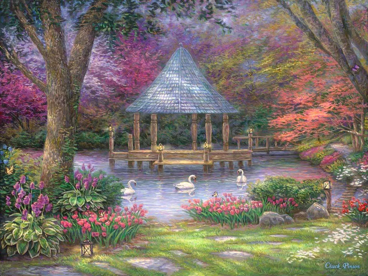 Фотообои в интерьере пруд с лебедями  8-124 фото