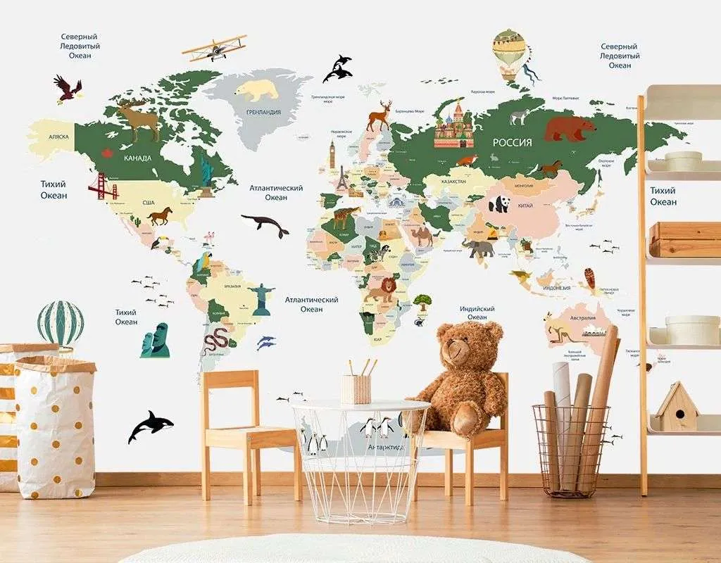 Фотообои в интерьере карта разноцветная  12-1657 фото