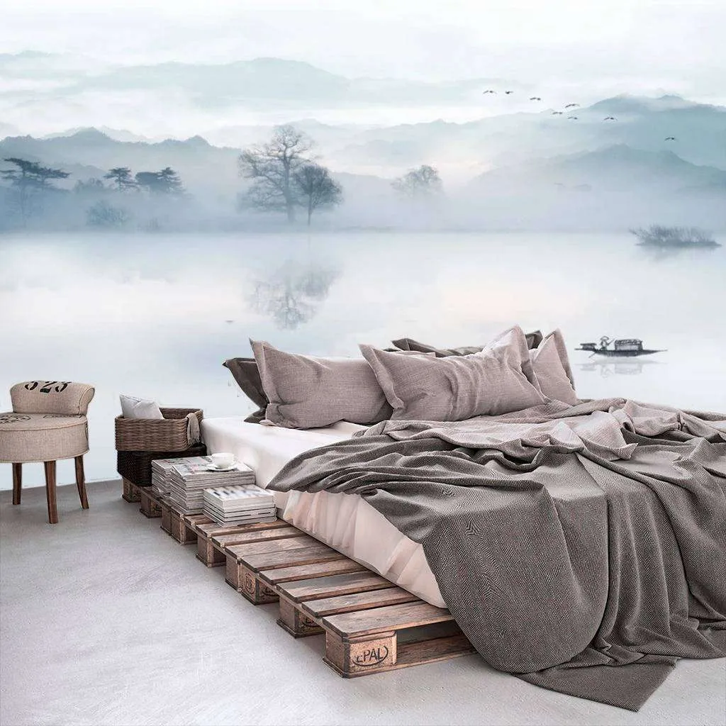 Фотообои в интерьере лодка в тумане  15-683 фото