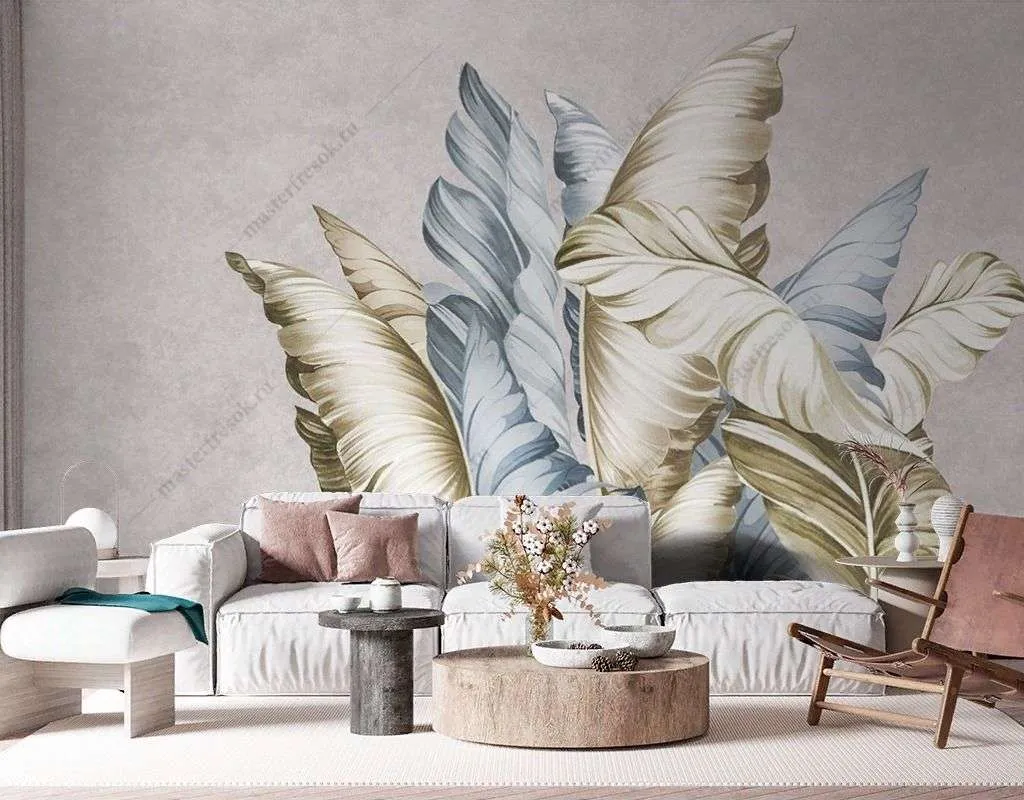Фотообои в интерьере широкие листья  9-1719 фото