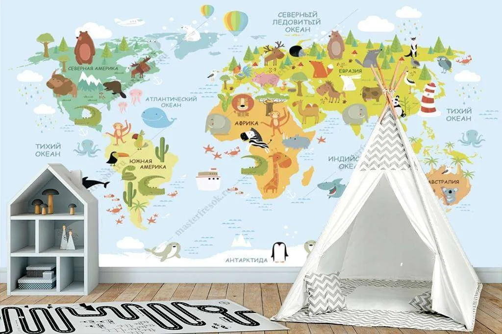 Фотообои в интерьере карта для малышей  12-982 фото